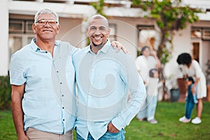 Man, senior father and portrait on lawn with hug, smile and happiness at family home for reunion. Latino men, happy and