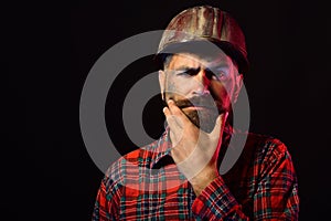 Man with serious face expression isolated on black background