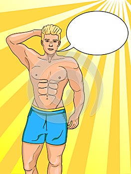 Man sex symbol on the beach. Pop art raster illustration. Imitation comic style. Text bubble.