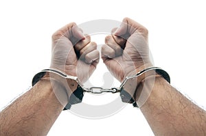 Man in shackles on white background