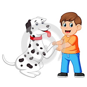 A man shake hands with dalmatian dogs