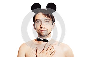 Man with a sham mouse ears on white background