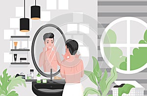 Man shaving, cleansing face in bathroom vector flat illustration. Male character using creams for face skincare. photo
