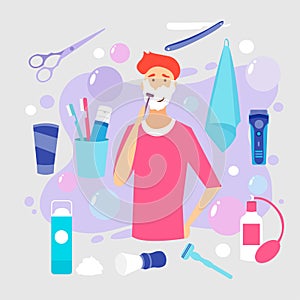 Man Shaving Face with Foam. Skin Care. Vector cartoon illustration. Shaving effect