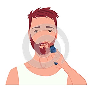 Man shaving. Male character grooming, does personal skincare routine. Cleansed and treated his face action. Flat vector photo