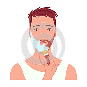 Man shaving. Male character grooming, does personal skincare routine. Cleansed and treated his face action. Flat vector photo