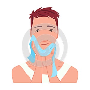 Man shaving. Male character grooming, does personal skincare routine. Cleansed and treated his face action. Flat vector photo