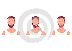 Man shaving. Male character grooming, does personal skincare routine. Cleansed and treated his face with various actions photo