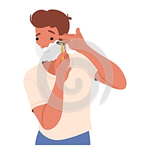 Man Shaving, Daily Self-care Ritual, Epitomizes The Male Beauty Routine. Precision Meets Masculinity As Razor Glides