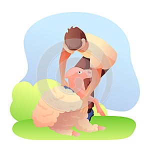 Man shearing sheep flat vector illustration