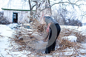 A man shelters a dry reed field, heats plants in winter