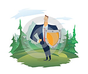 A man with a shield on the background of a forest and a mountain landscape. Social and environmental responsibility of