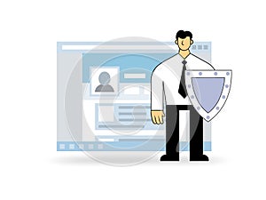 Man with the shield in front of open browser window. GDPR officer protecting data. GDPR, AVG, DSGVO, DPO. Flat photo