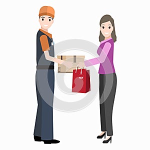 Man shipped box parcel to woman icon. Delivery service