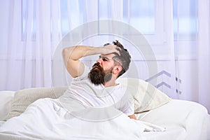 Man in shirt laying on bed awake, white curtain on background. Hangover concept. Macho with beard and mustache overslept