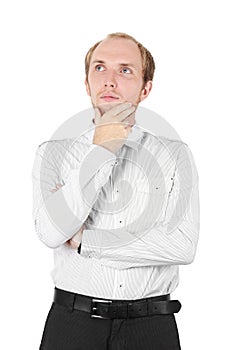 Man in shirt thinking, hand on chin, isolated