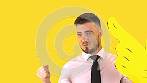 A man in a shirt and tie is dancing on a yellow background. Gift Happiness