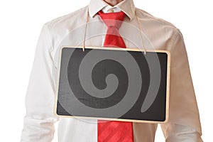 Man with shirt and tie with empty banner hanging