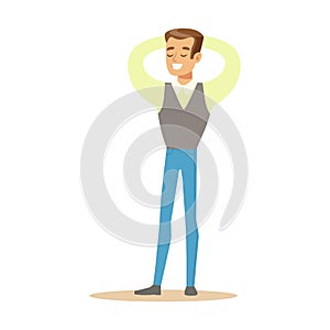 Man In Shirt And Vest Overwhelmed With Happiness And Joyfully Ecstatic, Happy Smiling Cartoon Character