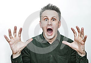 Man with shocked, amazed expression isolated on white background