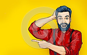 Man with shocked facial expression. Surprised Man in comic style. Man showing . Advertisement. Smiling man. WoW. photo