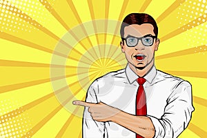 Man with shocked facial expression. Surprised male showing by finger. Vector pop art illustration