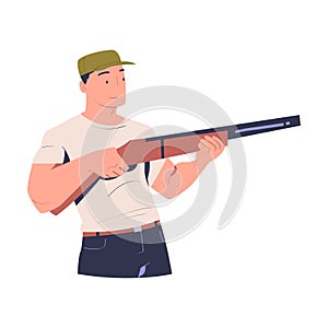 Man with shogun aiming at target. Ma holding rifle training in tactical shooting cartoon vector illustration