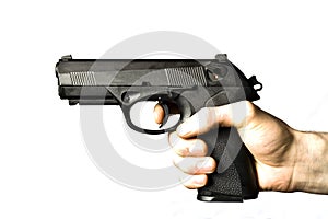 Man Shooting .45 caliber Pistol Isolated on White