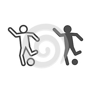 Man shooting ball line and solid icon. Soccer or football player kicked soccer-ball symbol, outline style pictogram on