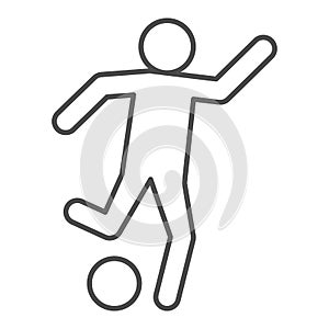Man shooting ball thin line icon. Soccer or football player kicked soccer-ball symbol, outline style pictogram on white