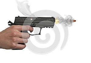 Man shooting from gun on white background, closeup