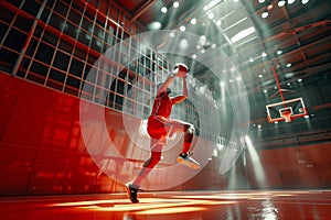 Man shooting hoops in a gym, ball in motion, AI-generated.