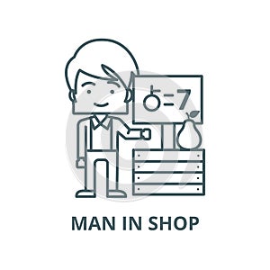 Man in shop,fruit prices vector line icon, linear concept, outline sign, symbol