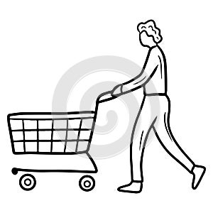 Man with a shopping cart going to make purchase, buy food, products at a supermarket mall isolated on white. Hand drawn