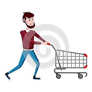 Man with shopping cart icon, cartoon style