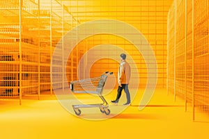 man with shopping cart in supermarket with empty shelves, counters, yellow background, shopping concept, Generative AI