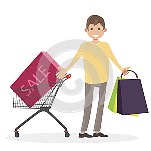 A man with a shopping cart trolley goes shopping from the store. Buyer. Character people vector illustration flat.