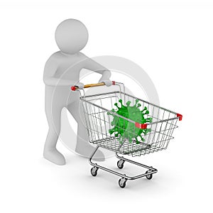 Man and shopping cart on white background. Isolated 3D illustration