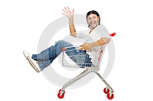 Man shopping with supermarket basket cart isolated