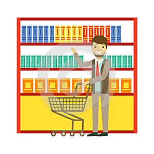 Man shopping at supermarket with shopping cart and buying products. Shopping in grocery store, supermarket or retail