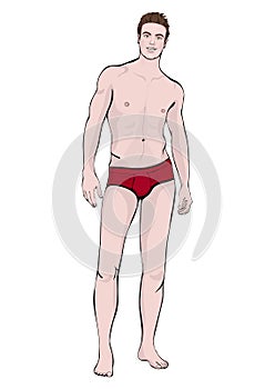 Man in shorts standing front side full-length, vector cartoon male portrait, multicolored painted muscular athlete in red underwea