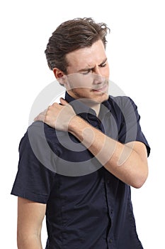 Man with shoulder pain and hand pressing it