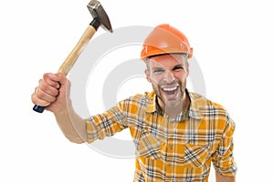 Man shouting. Man builder hard hat. Threaten with hammer. Angry aggressive guy. Improvement and renovation. Man builder