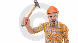 Man shouting. Man builder hard hat. Threaten with hammer. Angry aggressive guy. Improvement and renovation. Man builder