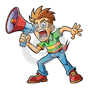 A man shouting using megaphone, giving instruction. Ai Image generated.