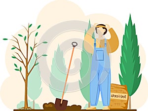 Man with shovel digging hole illustration. Gardener buries seedling in ground for planting trees