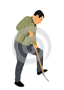 Man with shovel working in garden vector illustration isolated. Construction worker with spade.