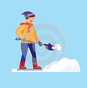 Man shoveling and remove snow flat illustration vector