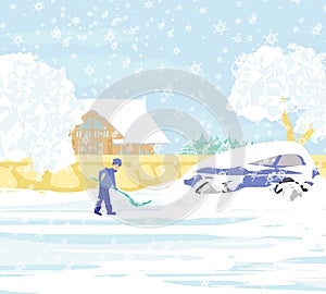 Man shoveling snow on winter landscape