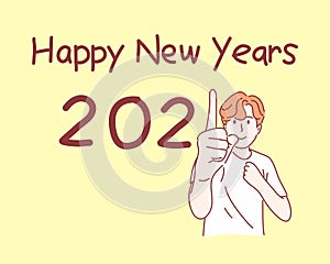 Man show one finger with number meaning "New year 2021". Hand drawn character flat style photo